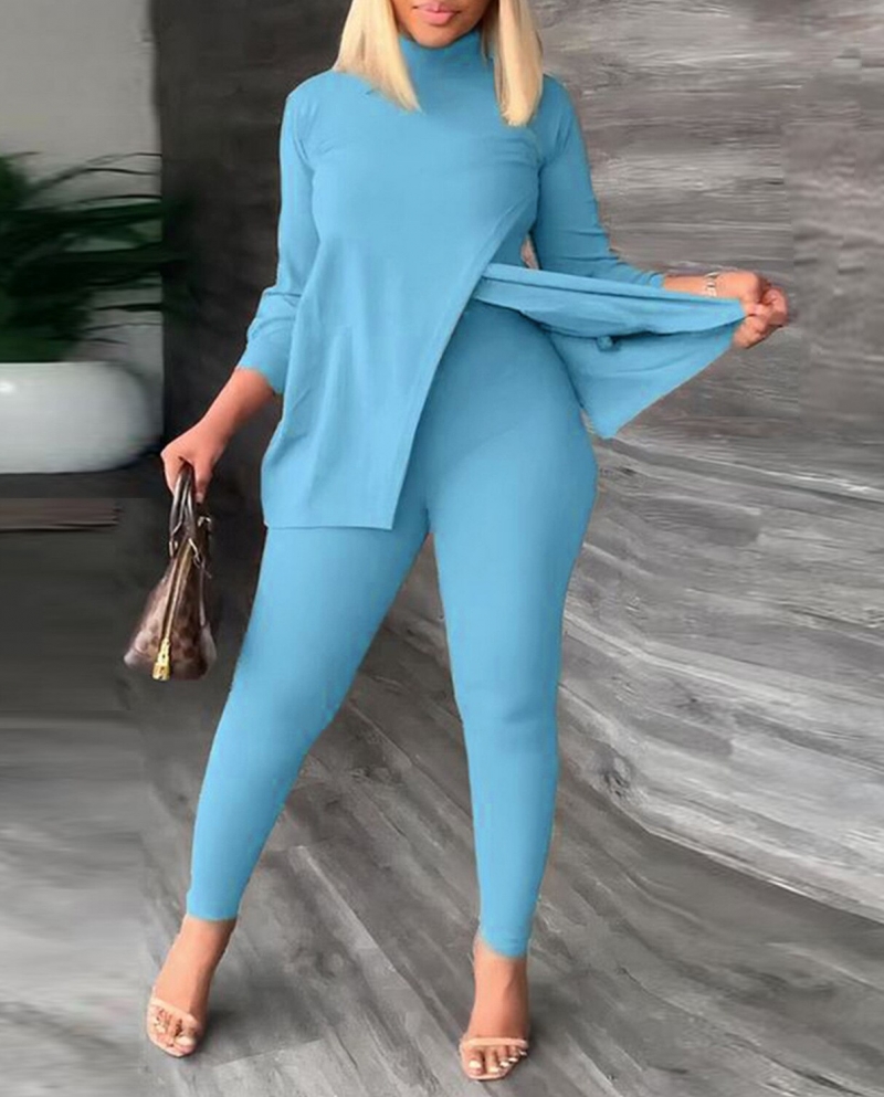 US$37.91-Streetwear Women Legging Pants Suit And Cross Slit Long Sleeve T  Shirt Fashion Two 2piece Set Outfit Tracksuit-Description
