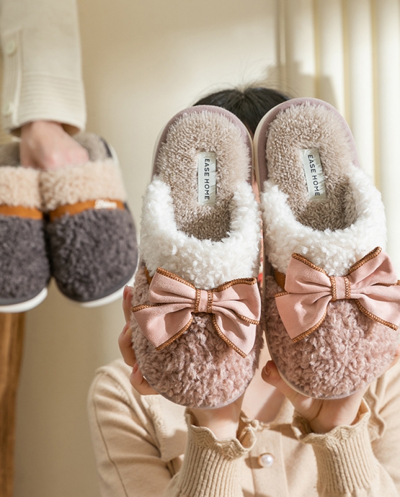 Nuevas pantuflas de algodón con lazo para mujer Otoño e Invierno casa interior antideslizante pareja moda casa zapatillas de pie