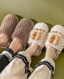 Lace Bow Cotton Slippers Womens Autumn And Winter New Home Warm Outer Wear Flat Shoes Couple Slippers