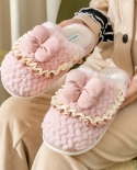 Lace Bow Cotton Slippers Womens Autumn And Winter New Home Warm Outer Wear Flat Shoes Couple Slippers