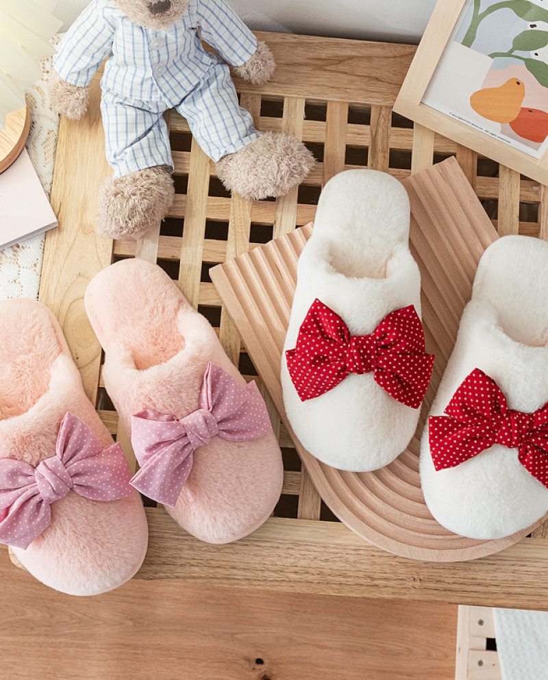 Zapatillas de algodón para el hogar cómodas y gruesas de felpa con lazo para niña nueva de otoño e invierno