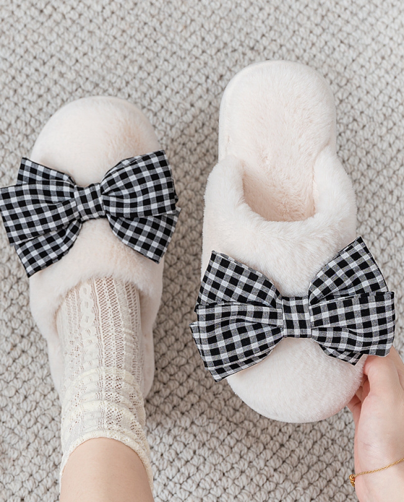 Autumn And Winter New Plaid Bow All-inclusive Fur Slippers Warm Breathable Cotton Slippers Home Plush Slippers