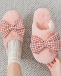 Autumn And Winter New Plaid Bow All-inclusive Fur Slippers Warm Breathable Cotton Slippers Home Plush Slippers