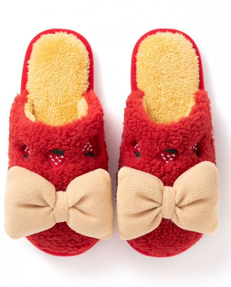 Autumn And Winter New Strawberry Bow Baotou Plush Indoor Slippers Girl Skin-friendly Comfortable Cotton Slippers