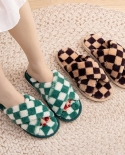Cotton Slippers Women Checkerboard Cross-strap Plush Slippers Womens Home Indoor Slippers