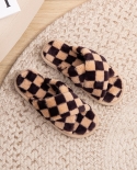 Pantuflas de algodón para mujer, pantuflas de felpa con tiras cruzadas de tablero de ajedrez, pantuflas de interior para el hoga