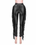 Women Streetwear Fringed Leather Pants 2022 Autumn Winter Chic Zipper Fly Tassel Side Faux Leahter Pu Trousers