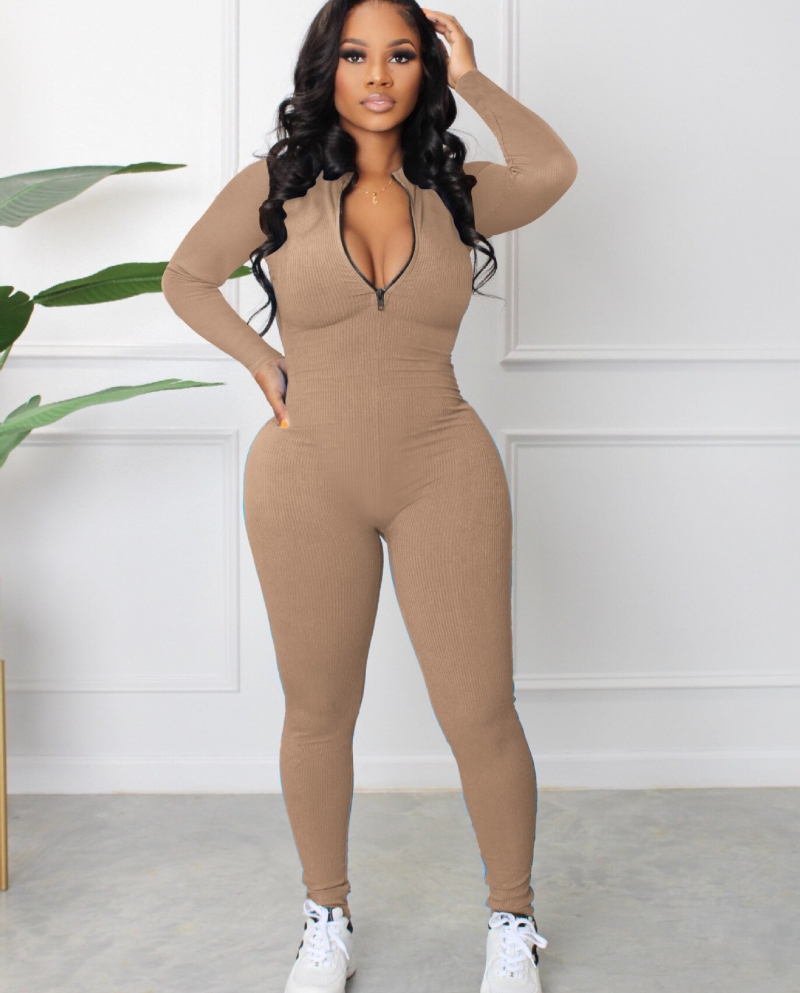 US 32.06 Knitted Rib Long Sleeve Bodysuit Jumpsuit Women Clothing