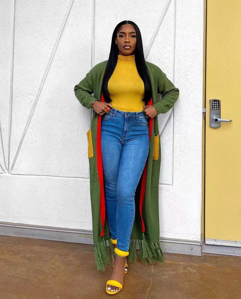 US 47.69 Solid Patchwork Tassel Sweater Cardigans Women Autumn Winter Long Sleeve Open Stitch Extra Long Knit Coat Outerwear Description