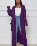 Women Knit Ribbed Hemp Flower Long Sleeve With Pocket Open Stitch Maxi Slim Cardigan Sweater 2022 Winter Autumn Outcoat