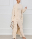Women Knit Ribbed Hemp Flower Long Sleeve With Pocket Open Stitch Maxi Slim Cardigan Sweater 2022 Winter Autumn Outcoat