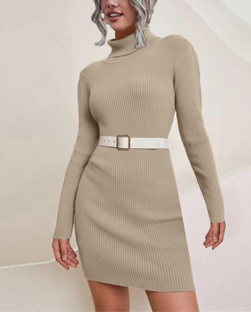 16 19 Dames automne hiver col roule robe pull tricote couleur unie a manches longues Stretch moulante Mini robe pull Dresse Description