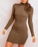 Womens Long Sleeve Fashionable Solid Knitted Slim Fit Dress  Skirt With Buttocks Wrapped Cute Sundress