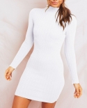 Womens Long Sleeve Fashionable Solid Knitted Slim Fit Dress  Skirt With Buttocks Wrapped Cute Sundress