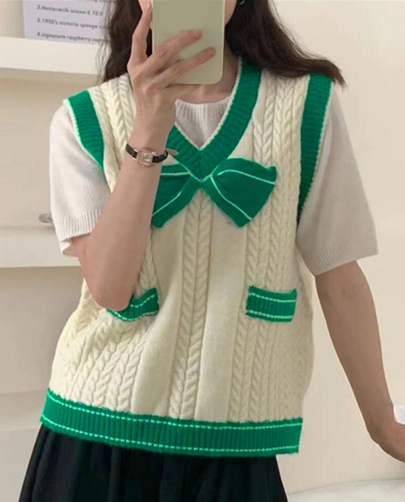 Womens Sweater Vest Casual Sleeveless Pullovers Ladies Cute Bowknot Knitwear Casual Knitted Pullover Sweater Sweater Ves