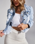 Women Fashion Cropped Denim Jacket Autumn Long Sleeve Single Breasted Outerwear Distressed Womens Denim Jackets With Poc