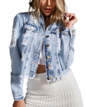 Women Fashion Cropped Denim Jacket Autumn Long Sleeve Single Breasted Outerwear Distressed Womens Denim Jackets With Poc