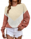 Women Fashion Knit Sweater Colorblock Round Neck Loose Long Sleeve Sweater Tops Fleece Autumn Winter Sweater Pullovers 2