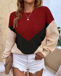 Women Fashion Knit Sweater Colorblock Round Neck Loose Long Sleeve Sweater Tops Fleece Autumn Winter Sweater Pullovers 2