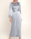 Women Muslim Dress Soft Elegant Corset Arab Islamic Dress Dubai Satin High Waist Abaya Long Sleeve Robe Marocaine Kaftan
