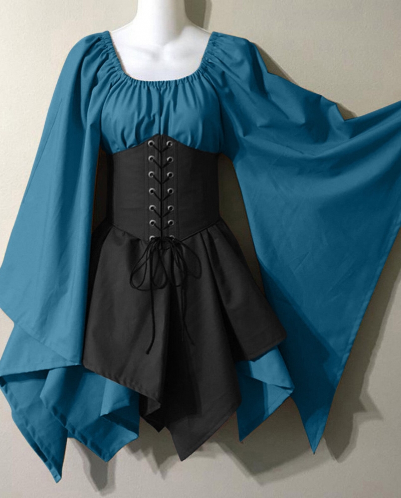 Medieval Costume For Womens Trumpet Sleeve Irish Shirt Dress With Corset Traditional Dress Summer Long Dresses For Women