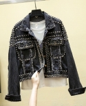  New Autumn Denim Jacket Women Rivet Handstudded Pearl Beading Short Jeans Jacket Vintage Casual Loose Black Outwear P89
