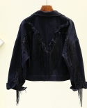 2022 Autumn New Denim Jacket Streetwear Womens Coat Heavy Tassel Sequins Jean Jacket Casual Loose Black Coats Female Ou