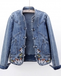 New Vintage Women Jacket  Autumn Embroidery Denim Jackets Washed Blue Jeans Coat Turn Down Collar Outwear Bomber Jacketj