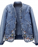 New Vintage Women Jacket  Autumn Embroidery Denim Jackets Washed Blue Jeans Coat Turn Down Collar Outwear Bomber Jacketj