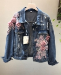  Spring Autumn Jeans Jacket Coat Woman New Heavy Stereo Pink Flower Embroidered Hole Denim Jackets Women Basic Coats R70