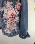  Spring Autumn Jeans Jacket Coat Woman New Heavy Stereo Pink Flower Embroidered Hole Denim Jackets Women Basic Coats R70
