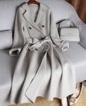 Winter Women Real Wool Coat High End Elegant Water Wave Reversible Cashmere Coat Double Breasted With Belt Long Female J