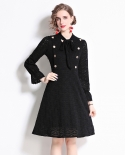 Womens New Long-sleeved Lace Tie-neck Slim-fit A-line Little Black Dress