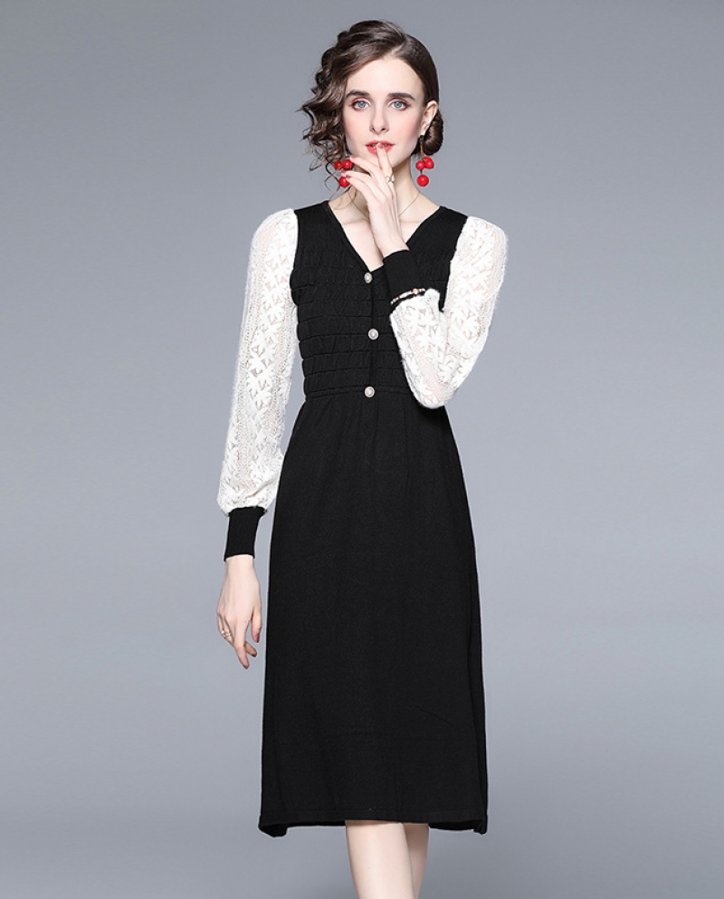 Womens New Elegant Contrasting Color Lace Sleeves V-neck Bottom A-Line Dress