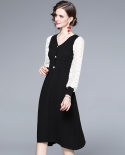 Womens New Elegant Contrasting Color Lace Sleeves V-neck Bottom A-Line Dress