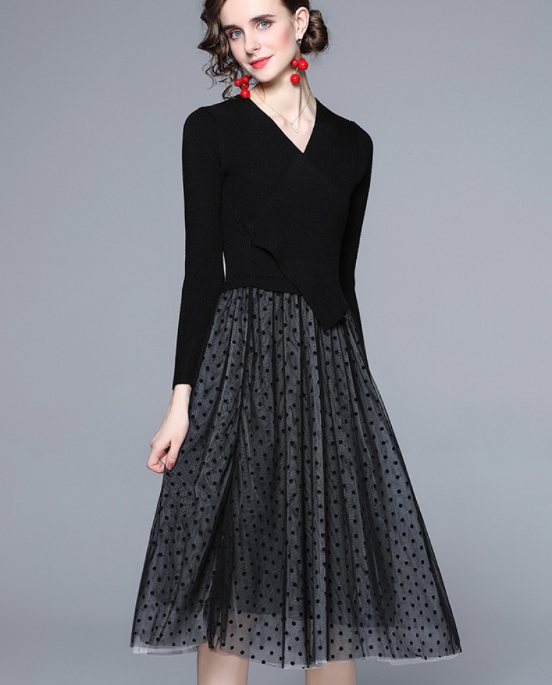 Womens New Style Black Knit Long-sleeved V-neck Mesh Polka-dot Bottoming A-line Dress