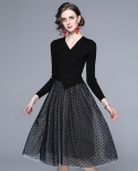Womens New Style Black Knit Long-sleeved V-neck Mesh Polka-dot Bottoming A-line Dress