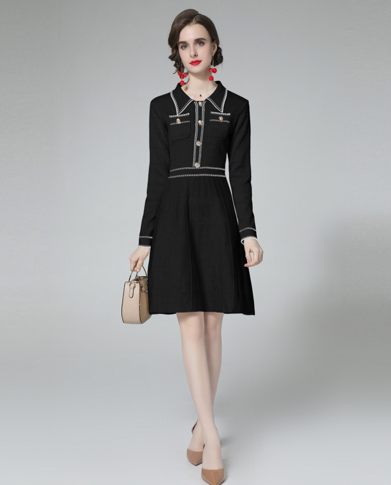Womens New Knit Lapel Dignified Elegant Slim Little Black Dress