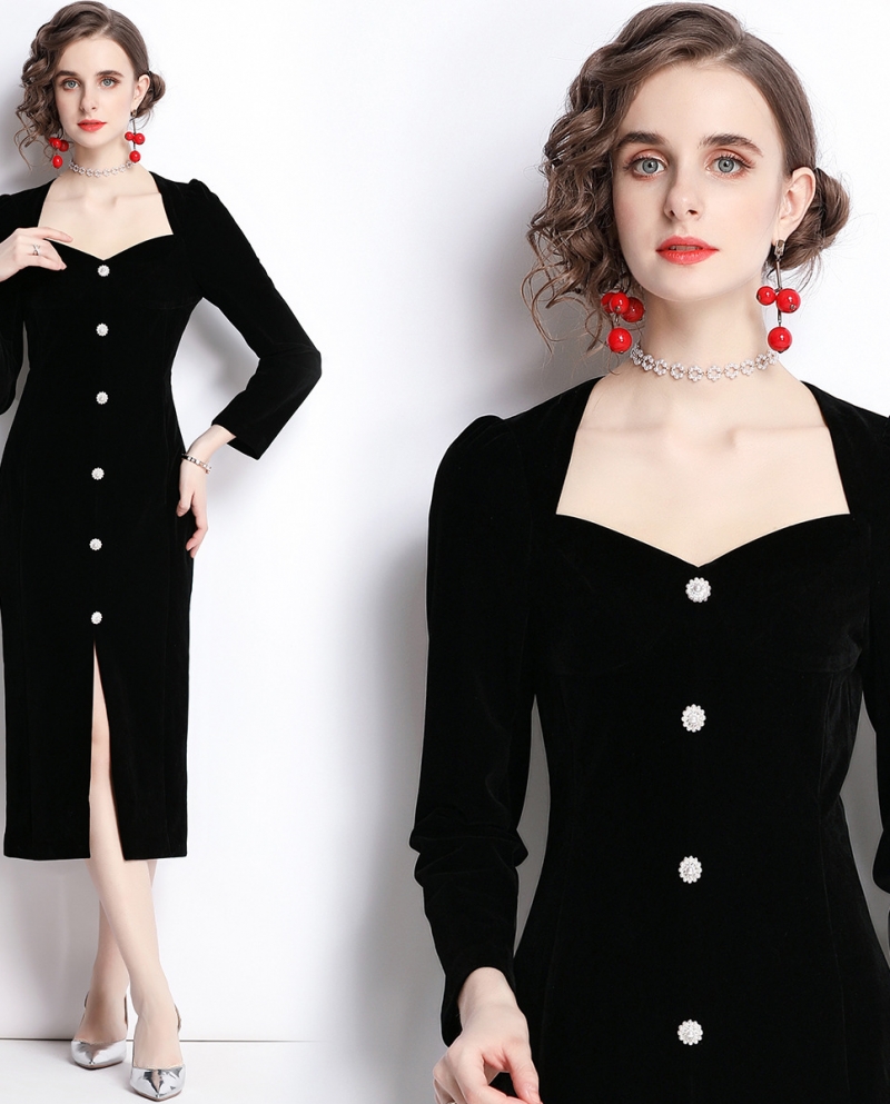 Womens Velvet New V-neck Single-breasted Puff Sleeve Slit Little Black Dress