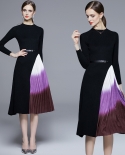 Womens Knit Patch Slim Black Pleated Dress