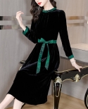 Womens New Velvet Stand-up Collar Tie-up Color-block Slim-fit Little Black Dress