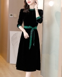 Womens New Velvet Stand-up Collar Tie-up Color-block Slim-fit Little Black Dress