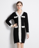 Ladies Colorblock Knit Lace Slim Wool Little Black Dress