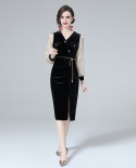 Womens Velvet Elegant Graceful Slim Slit Little Black Dress