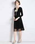 Ladies Mesh Slim Fit Bowknot Knitted Pleated Mesh Little Black Dress