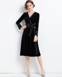 Womens New Style Graceful Long-sleeve V-neck Black Velvet Tie Dress