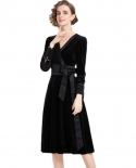 Womens New Style Graceful Long-sleeve V-neck Black Velvet Tie Dress