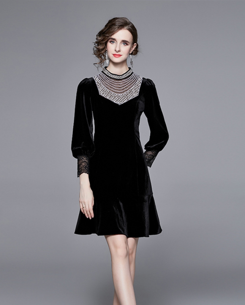 Womens New Fashion Celebrity Style Beaded Velvet Slim Fashion Black Dress