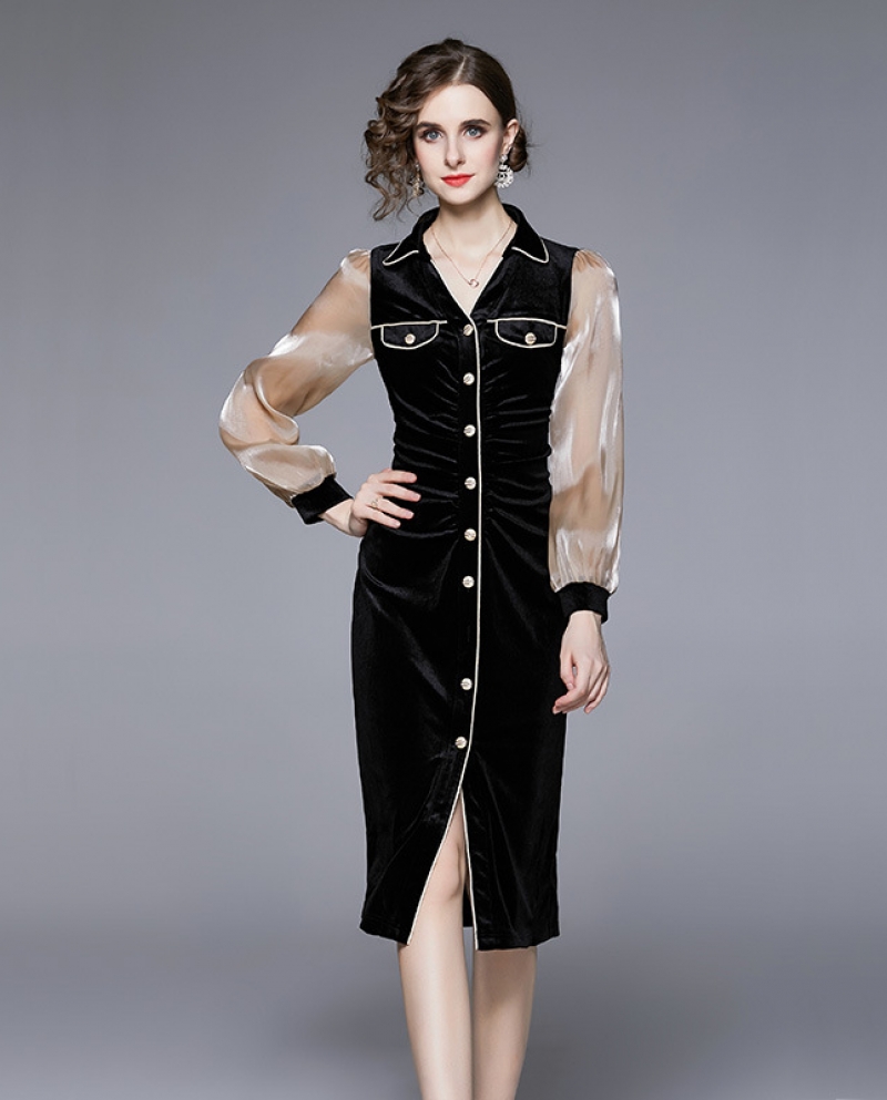 Womens New Light Luxury Graceful Slim Slit Single-breasted Velvet Little Black Dress