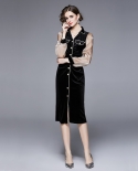 Womens New Light Luxury Graceful Slim Slit Single-breasted Velvet Little Black Dress